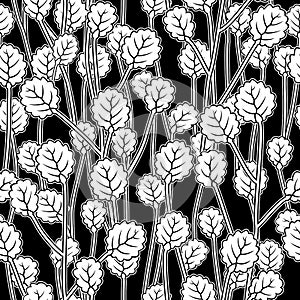 White leaves on twigs, black seamless pattern