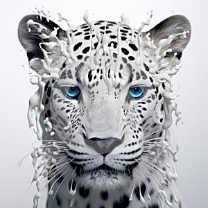 White Leopard Portrait Monochrome 3d Art With Blue Eyes