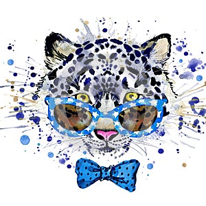 white leopard T-shirt graphics. cool leopard illustration with splash watercolor textured background. unusual illustration water