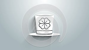 White Leprechaun hat and four leaf clover icon isolated on grey background. Happy Saint Patricks day. 4K Video motion