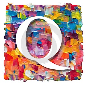 white letter Q on multicolored background made of painting brush strokes, 3d rendering