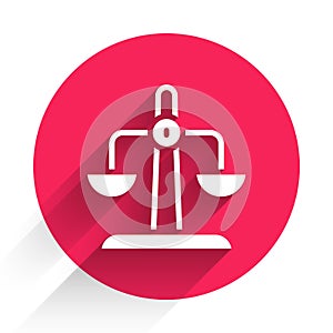 White Libra zodiac sign icon isolated with long shadow. Astrological horoscope collection. Red circle button. Vector