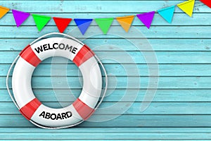 White Life Buoy with Welcome Aboard Sign on a Blue Wooden Plank Wall. 3d Rendering