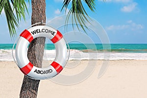 White Life Buoy with Welcome Aboard Sign Hanging on a Palm Tree on an Sand Beach. 3d Rendering