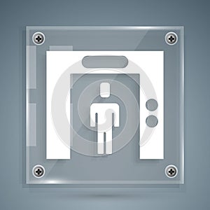 White Lift icon isolated on grey background. Elevator symbol. Square glass panels. Vector