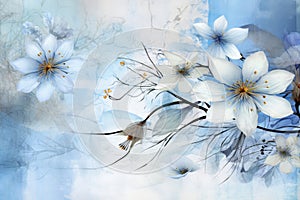 White And Light Blue Flower Background With Soft Petals And Blue Leaves In The Background Creating A Dreamy And Abstract Scene