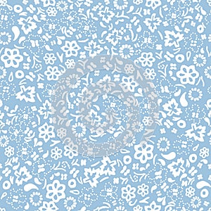 White on light blue hand drawn random flower and leaf seamless repeat pattern background