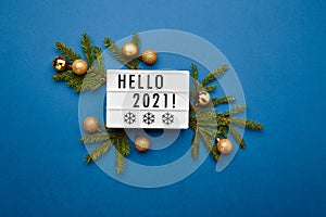 White light box with text. Christmas flatlay