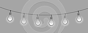 string of outdoor lights, white light bulb garland, black line isolated vector decoration, holiday lamps for wedding or
