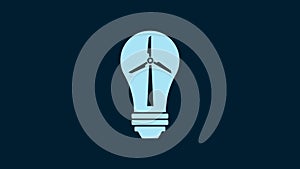 White Light bulb with wind turbine as idea of eco friendly source of energy icon isolated on blue background