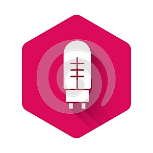 White Light emitting diode icon isolated with long shadow background. Semiconductor diode electrical component. Pink