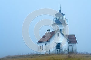 A white lighthouse with a brown roof stands tall amidst the fog, guiding ships with its bright light, Charming old lighthouse on a