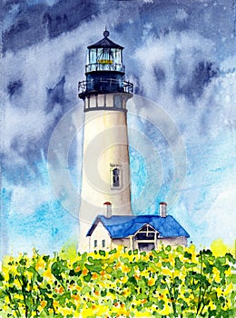 A white lighthouse in a field of yellow wild flowers