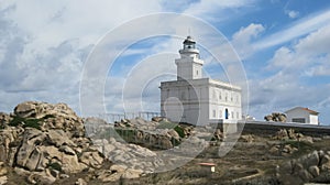 White lighthouse midst granite rock formation, Capo Testa, Sardinia, Italy