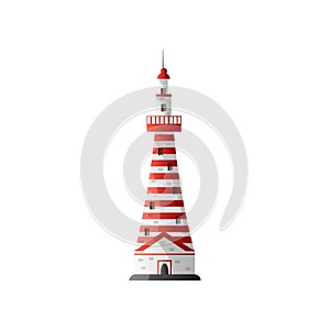 White lighthouse in red stripes in flat design isolated on white background