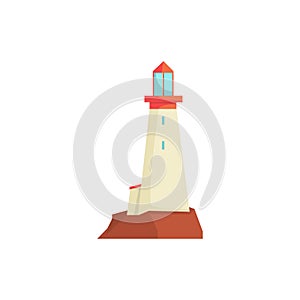 White lighthouse, searchlight tower for maritime navigation guidance vector Illustration