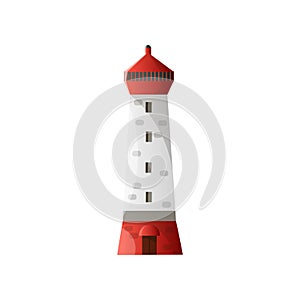 White lighthouse with shadow, red roof and foundation in flat design isolated on white background