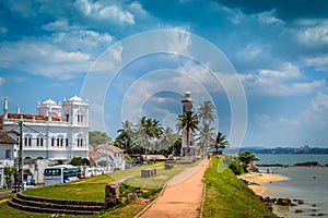 White Lighthouse on the shore in Galle Sri Lanka