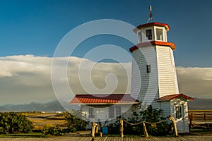 White lighthouse in town of Homer, Kenai Peninsula, Alaska