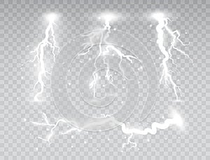 White lightnings set isolated on transparent background. Thunder storm collection design elements. Magic shining light