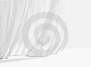 White lightweight fabric curtain fluttering realistic vector illustration mock up. Shower or window fabric on a curtain rod