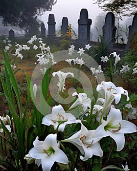 White lilies blanketing a forgotten graveyard where heroes once stood. Abandoned landscape. AI generation
