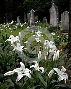 White lilies blanketing a forgotten graveyard where heroes once stood. Abandoned landscape. AI generation