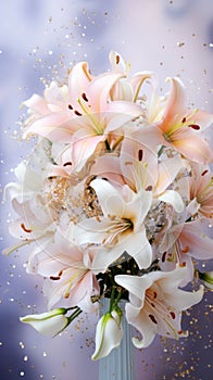 White lilies bouquet on light background with glitter and bokeh. Perfect for poster, greeting card, event invitation