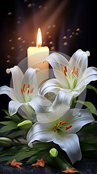 White lilies and burning candles