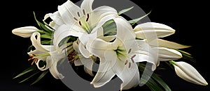 White lilies with green leaves on black ground, a stunning floral display