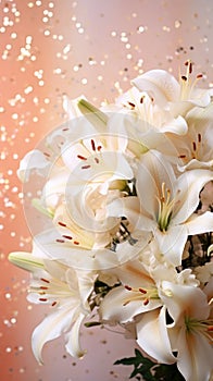 White lilies with a soft bokeh peach background. Perfect for poster, greeting card, event invitation, promotion