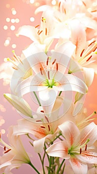 White lilies with a soft bokeh peach background. Perfect for poster, greeting card, event invitation, promotion