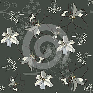 White lilies and umbrella flowers on dark dusty green background seamless pattern
