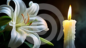 White lily flower and burning candle on black background. Mourning, condolence, grieving card concept