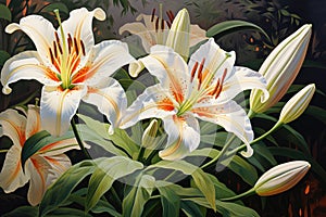 White lily flowers in the garden. Illustration for postcards, Beautiful botanic lily flower oil paint illustration, AI Generated