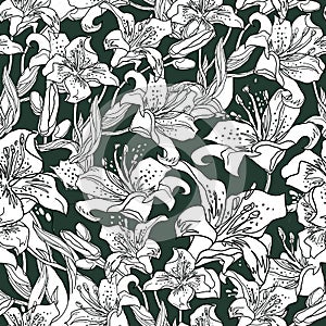 White Lily flowers silhouettes, bubs and leaves seamless pattern.