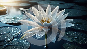 White lily adorned with droplets and a dragonfly under soft pond reflections. photo