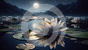 A serene white lily on a pond, with a frog on a lilypad, soft moonlight reflections. photo