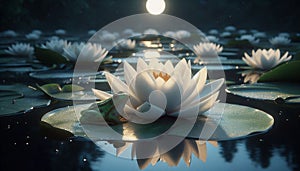 A serene white lily on a pond, with a frog on a lilypad, soft moonlight reflections. photo