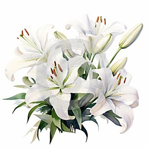 White Lily Watercolor Painting On Isolated Background photo