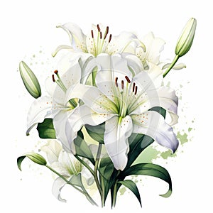 White Lily Watercolor Painting: Elegant Flowers On White Background