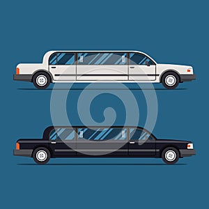 White limo and black limousine. Flat vector illustration. Isolate. Luxary vehicle. Side view