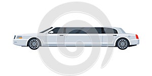 White Limousine Car, Elegant Premium Luxurious Limo Vehicle, Side View Flat Vector Illustration