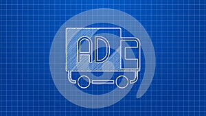 White line Advertising on truck icon isolated on blue background. Concept of marketing and promotion process. Responsive