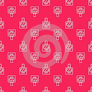 White line Aftershave icon isolated seamless pattern on red background. Cologne spray icon. Male perfume bottle. Vector