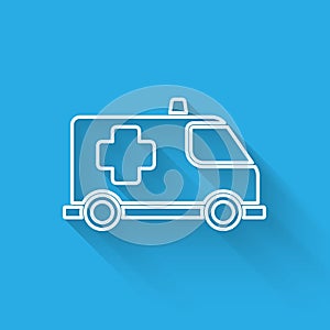 White line Ambulance and emergency car icon isolated with long shadow. Ambulance vehicle medical evacuation. Vector.