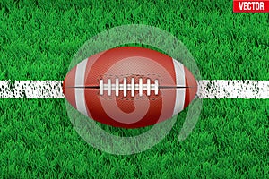 White line and american football ball on Sport grass field