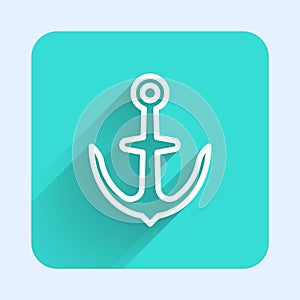 White line Anchor icon isolated with long shadow. Green square button. Vector