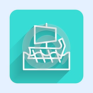 White line Ancient Greek trireme icon isolated with long shadow. Green square button. Vector