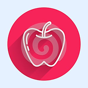 White line Apple icon isolated with long shadow. Fruit with leaf symbol. Red circle button. Vector